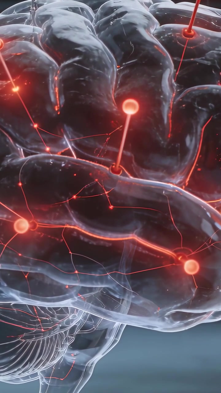 Vertical video: Tapping probes on brain in lab showing flow, causing red nodes glowing along paths