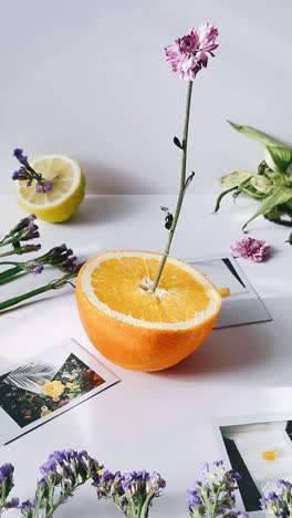 floral arrangement with citrus fruit and instant photos