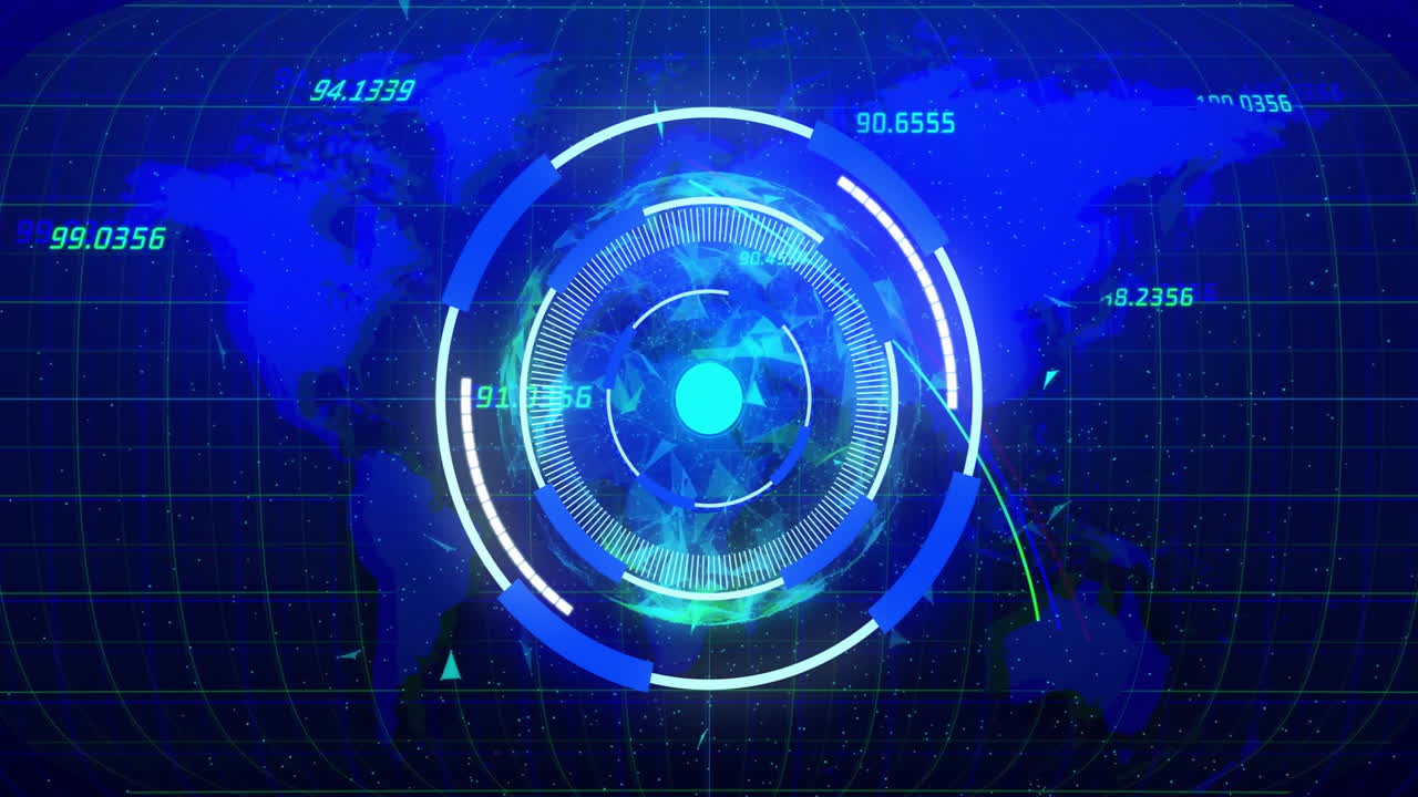 radar futurista y animación de análisis de datos sobre el fondo del mapa del mundo