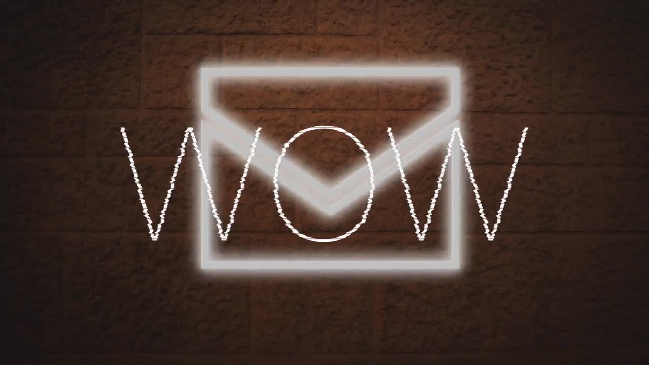 벽돌 벽에 대한 네온 메시지 아이콘 위에 와우 텍스트의 디지털 애니메이션