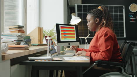 woman with disability working on sustainable energy project at home