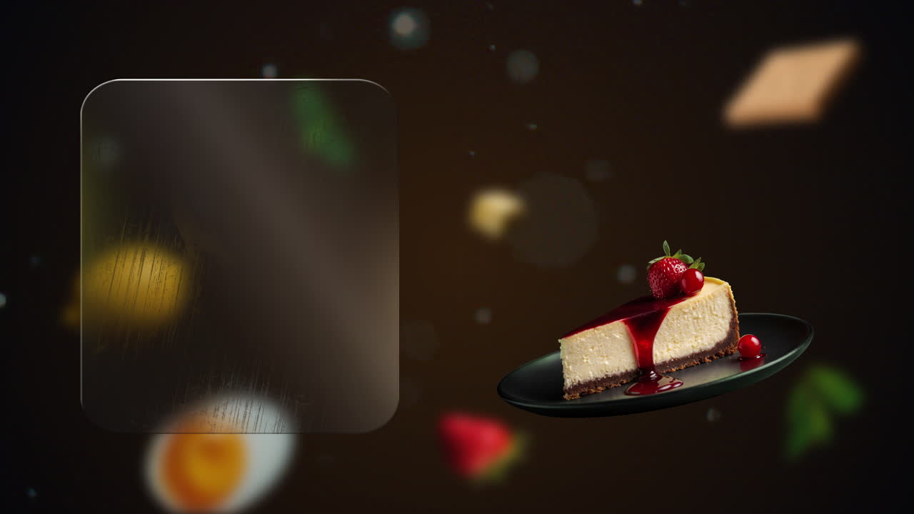 New York Cheesecake dessert food ad with motion-blurred background - left glass screen lets you type offers, name or pricing