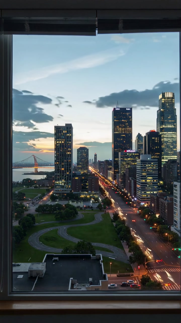 Vertical video: Camera filming skyline and avenue from highrise window, sunset causing streetlights