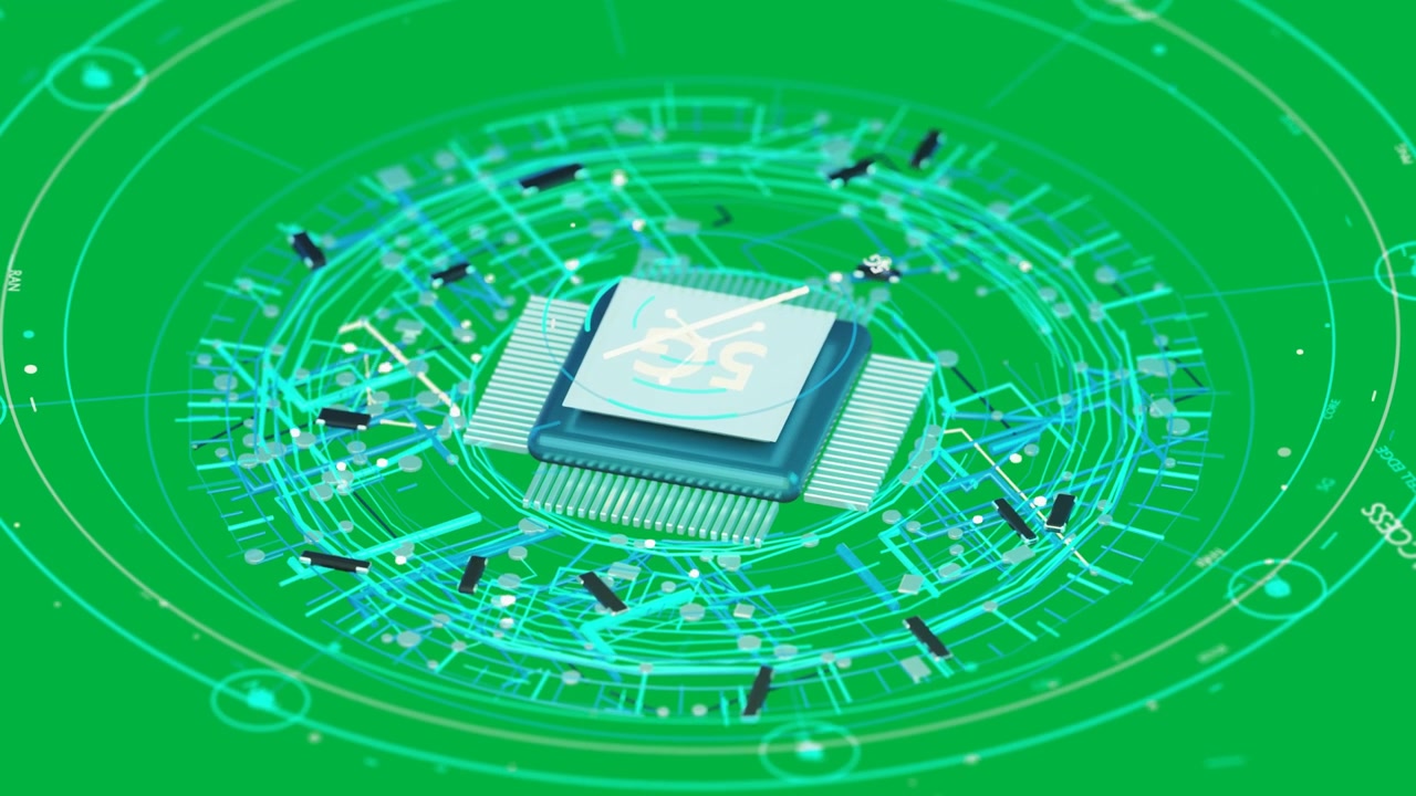 Chip 5G sospeso che si posa su una base in un vuoto trasparente, formando anelli, irradiando dati e monitorando.