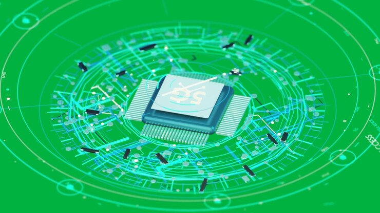 Hovering 5G chip settling onto base on transparent void, building rings, radiating data, monitoring