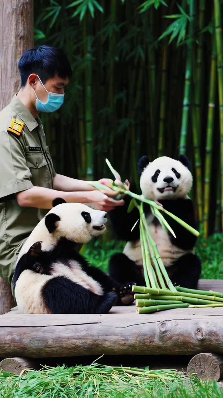 Zookeeper Feeding Pandas Bamboo
