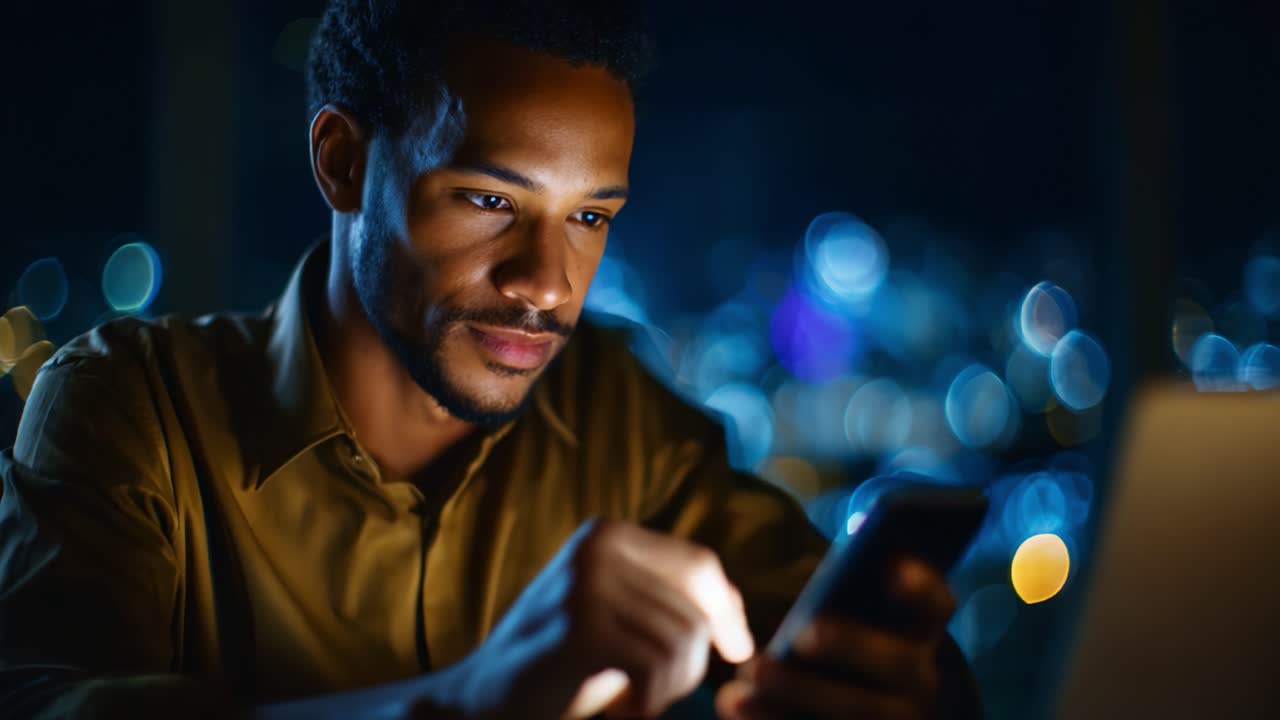 Focused Individual Engaging with Smartphone in a Dimly Lit Environment with Blurred City Lights in Background, Showcasing Modern Connectivity and Evening Reflection