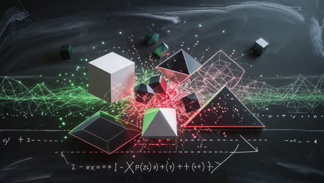abstract 3d geometric shapes with mathematical equations and digital lines
