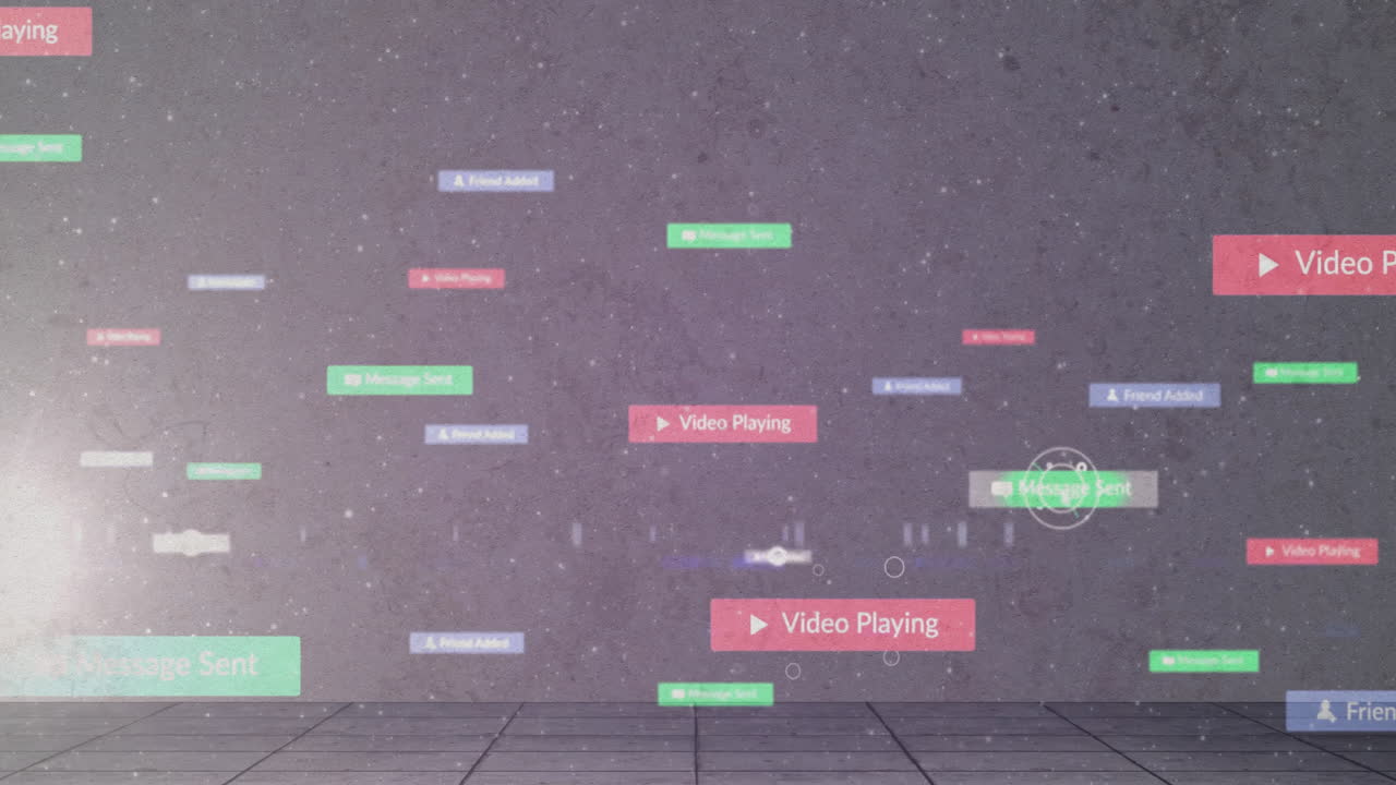 Colorful notification animations over gray textured background with tiled floor
