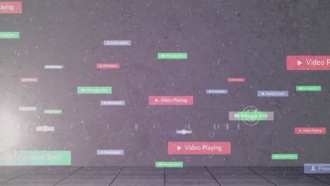 colorful notification animations over gray textured background with tiled floor