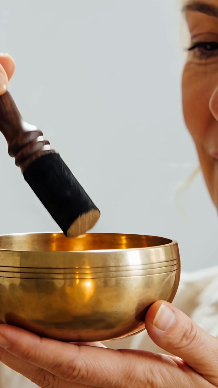 Video verticale: Premendo un martelletto di feltro, una donna strofina una ciotola tibetana di ottone in una stanza grigia, producendo un suono.