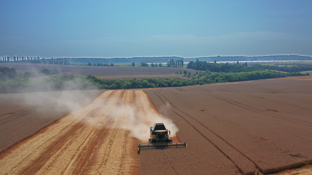 Modern harvester picking crops of wheat. Dust coming out from machine and flying aside. Beautiful landscape at backdrop.