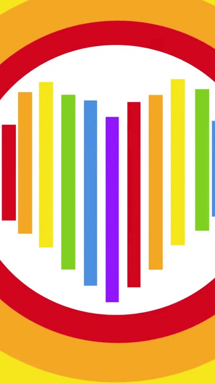 Animazione di un cuore arcobaleno in un cerchio rosso e bianco e palloncini colorati su uno sfondo arcobaleno.
