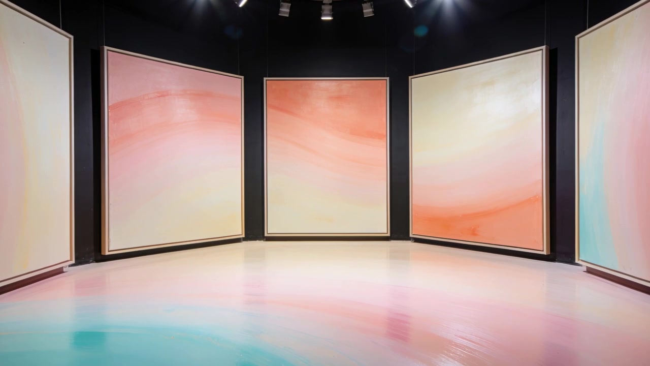 Bevægende kamera zoomer ind mod fem indrammede paneler i et galleristudie, der viser refleksioner på gulvet.