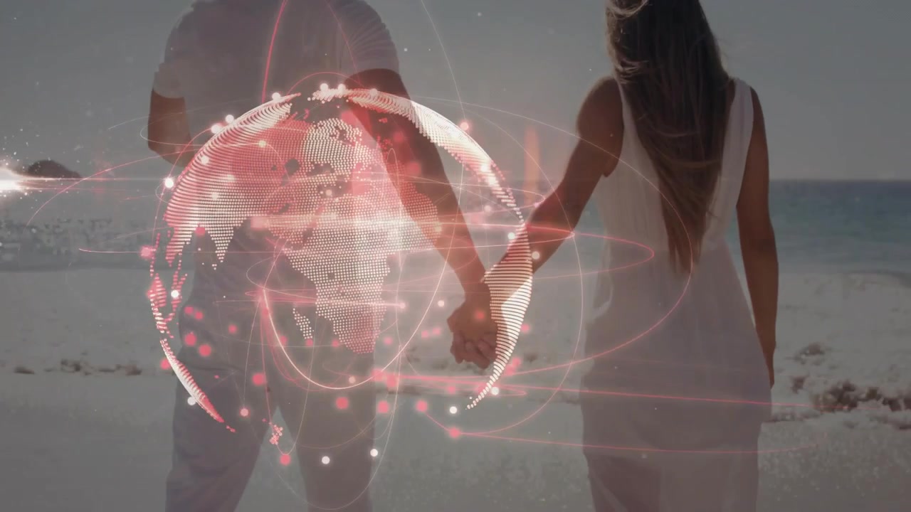 Man and woman holding hands walking beach, globe appearing, rotating, centering over hands for tech
