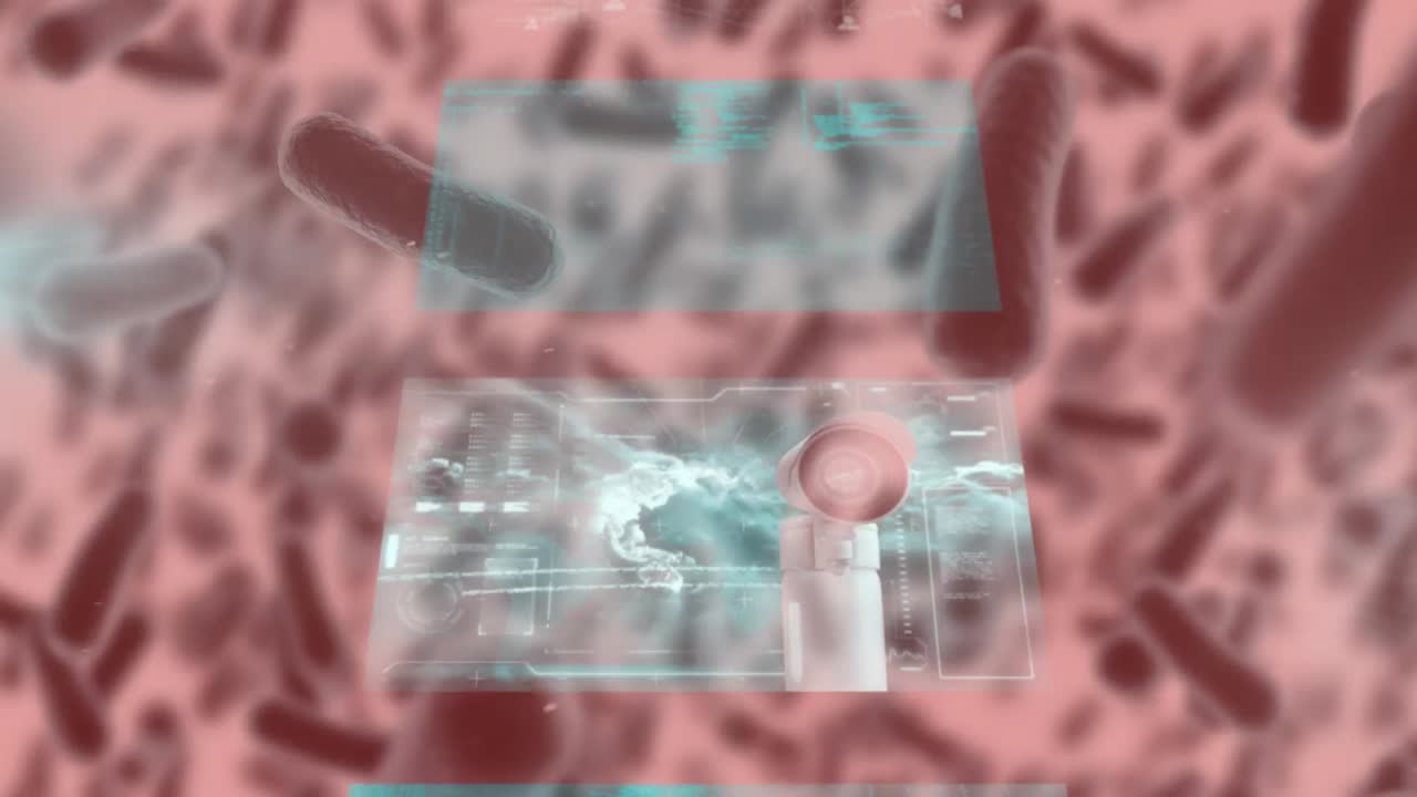 animación de la pantalla en movimiento sobre las células en movimiento sobre fondo rojo