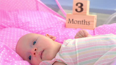 baby girl of three months lying in pink bassinet