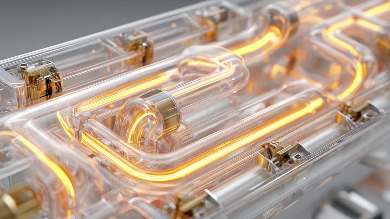 Intricate Glowing Tubes: A Stunning Visual of Transparent Conductive Elements Powered by Ethereal Streaming Light in a Modern Design Setting