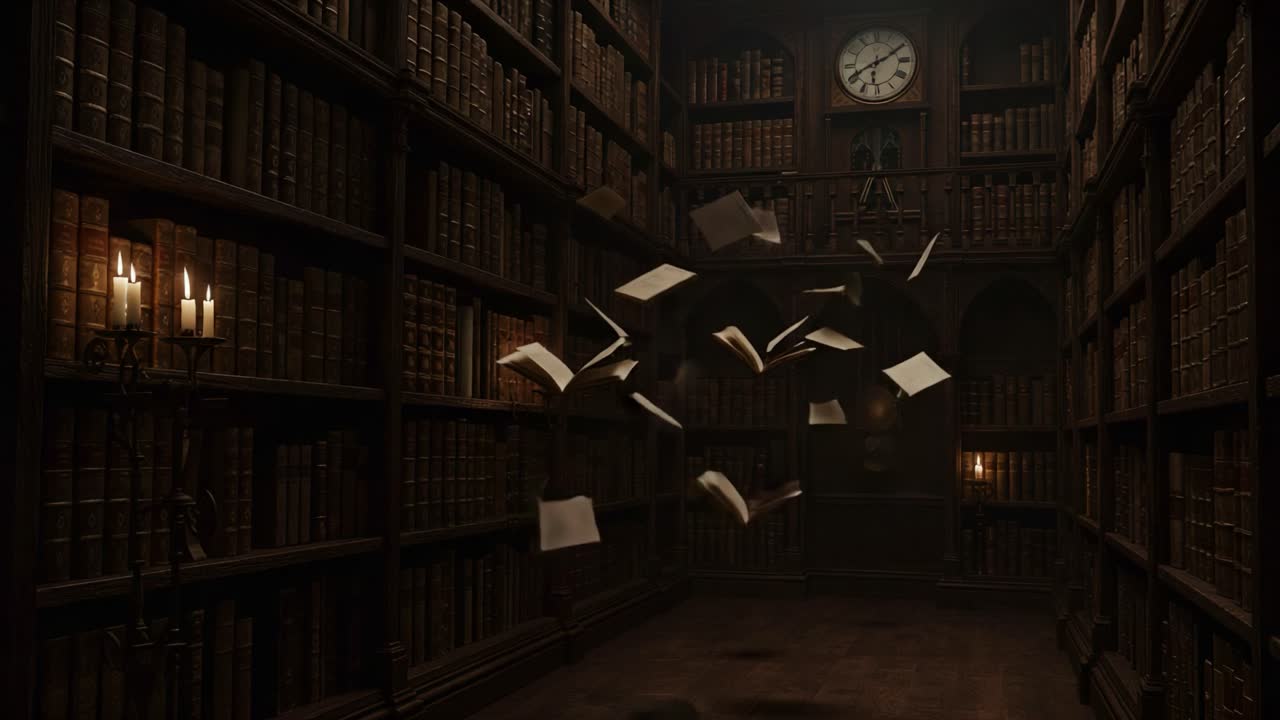 A Captivating Scene of Floating Books in an Enchanting Library Filled with Antique Shelves, Flickering Candles, and the Gentle Tick of a Classic Clock Echoing in the Stillness