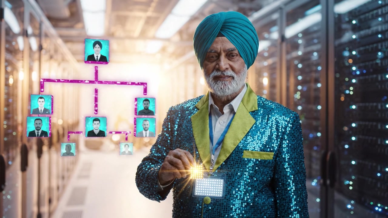 Un anziano distinto in un abito blu scintillante e turbante sta con sicurezza in una sala server ad alta tecnologia, mostrando leadership attraverso grafici di rete visivi.