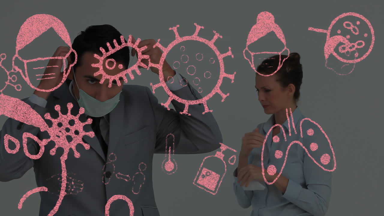 iconos de concepto de coronavirus contra la mujer estornudando y el hombre usando máscara facial