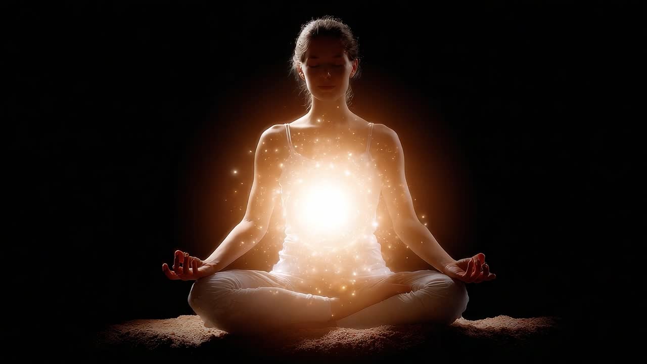 A Serene Moment of Meditation: A Woman Embracing Inner Peace and Radiating Light through Spiritual Energy in a Dark Atmosphere