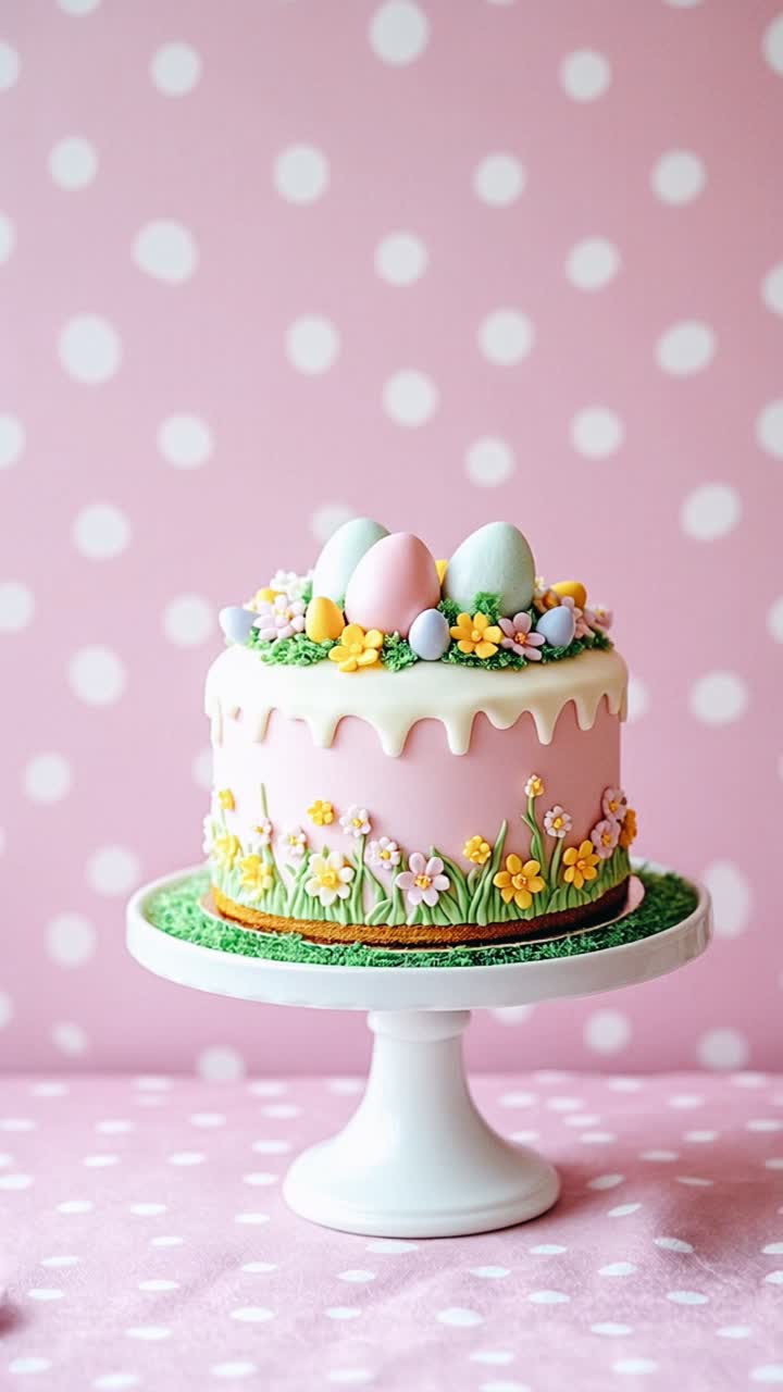 Pink Easter Cake Decorated with Eggs and Flowers
