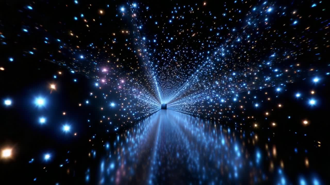 An Enchanting Journey Through a Stellar Corridor Filled with Glimmering Stars and Breathtaking Light Patterns, Leading to a Mystical Portal at the End of a Dark Yet Captivating Space