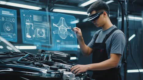 automotive technician using augmented reality for car repair