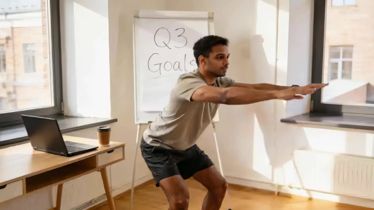 Doing man in t-shirt and shorts squatting in office during break, exercising with laptop, flipchart