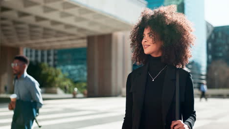 business, black woman and walking by city building