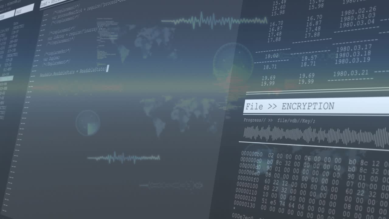 Gradientfylling animerer kode-, data- og kartpaneler, bølgepulsering, glødende kryptering som viser oppdateringer.