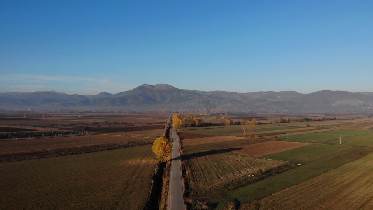 가을에는 심어진 소포와 노란 나무를 가로지르는 도로가 있는 시골 풍경