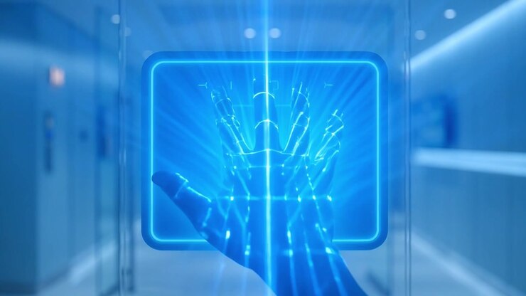 Scansione della mano su interfaccia biometrica futuristica per accesso sicuro