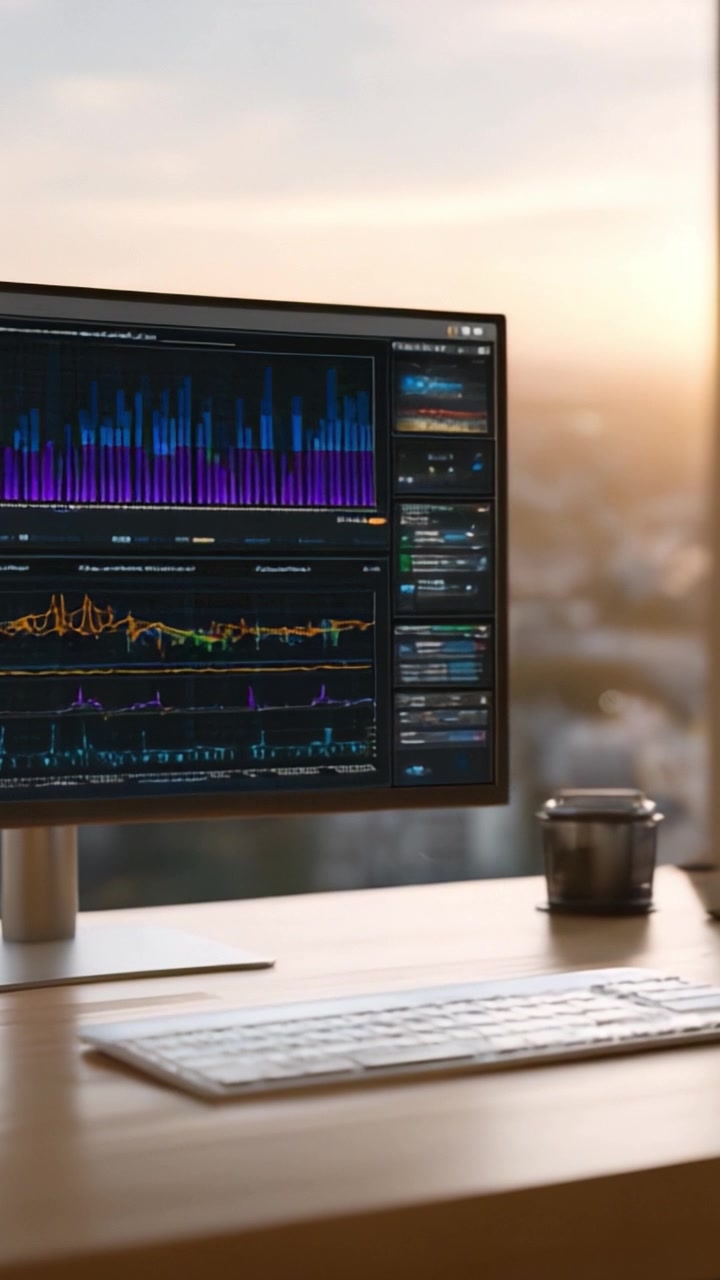 Dynamic Display of Financial Data on Computer Screen with Colorful Graphs and Charts Set Against a Beautiful Sunset View from an Office Window
