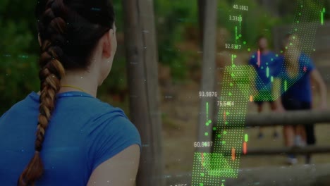 animation of data processing over group of men and women at obstacle course