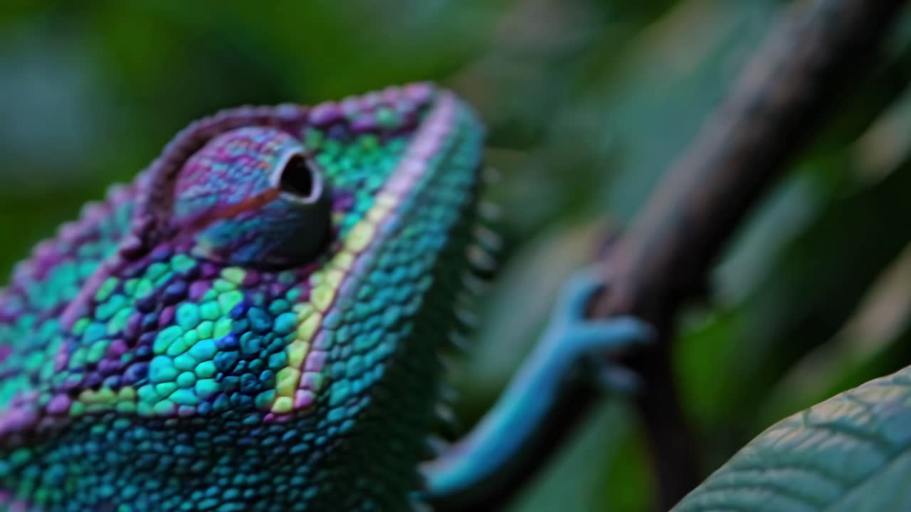 Close-up video of a colorful chameleon on a branch, shot from a side angle