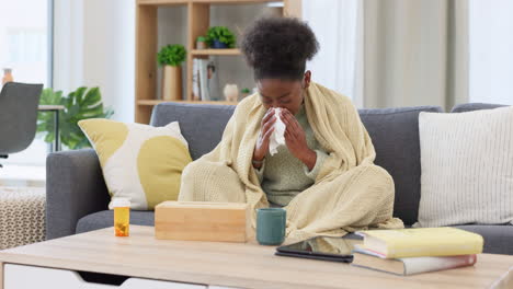 sick woman blowing her runny nose with a tissue