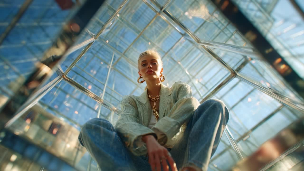 A Stylish Individual Posed Gracefully Within a Transparent Geometric Structure, Captured from Below with a Unique Perspective and Natural Light Creating a Striking Visual Impact