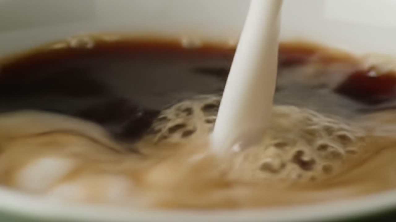 The Art of Pouring Cream into Coffee: A Mesmerizing Transformation of Dark Brew to Creamy Delight as the Two Liquids Blend Harmoniously