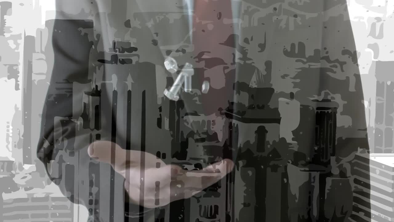 비즈니스맨이 견과류와 볼트를 던지고 잡는 현대 도시 건물의 애니메이션