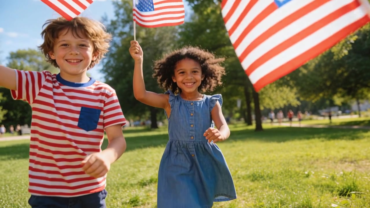 Running striped-tee boy, blue-dress girl waving small US flags in park, cheering as flag fluttering
