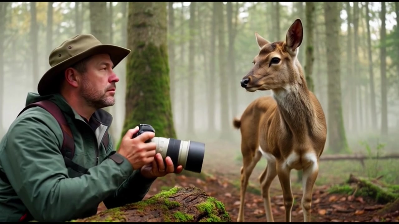 Wildlife Photographer Capturing a Deer in a Misty Forest