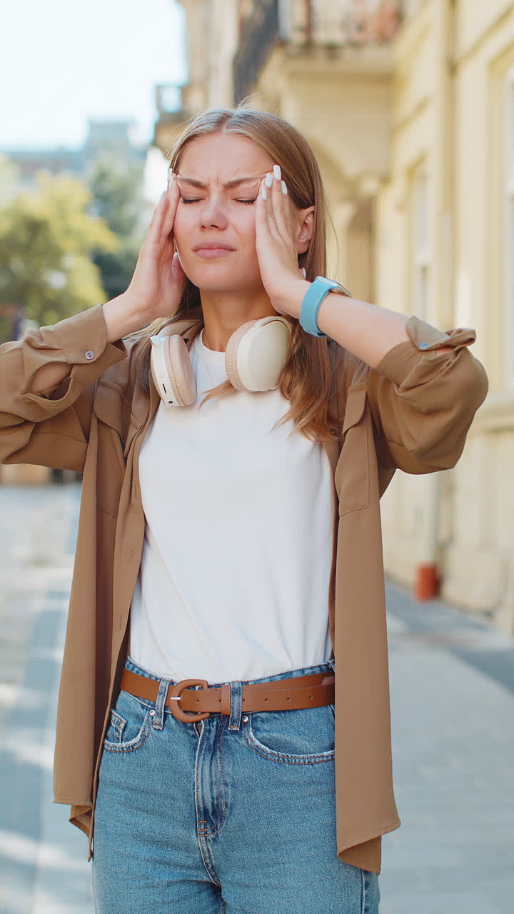 Displeased exhausted young caucasian woman girl rubbing temples to cure headache on city street