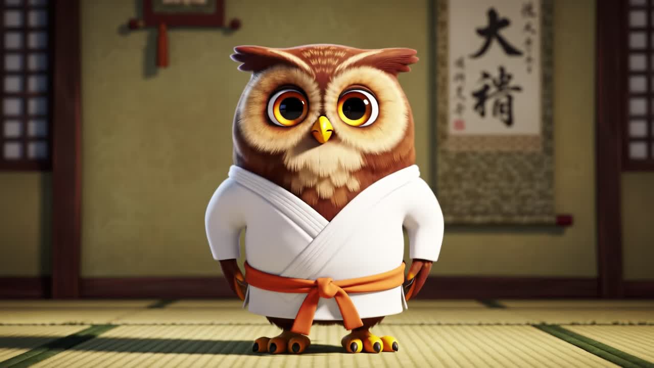 A determined and focused cartoon owl character dons a karate gi, ready for training in a traditional dojo setting, showcasing both discipline and cuteness.