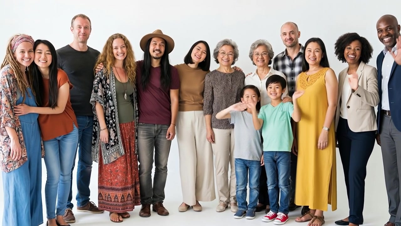 Gran grupo de personas diversas de varias edades y orígenes posando juntas para un retrato grupal