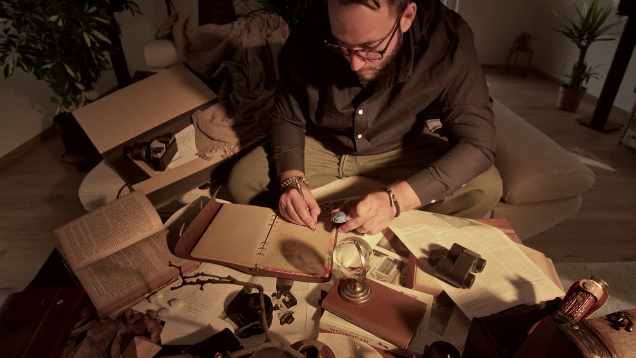 Man researching historical documents at home
