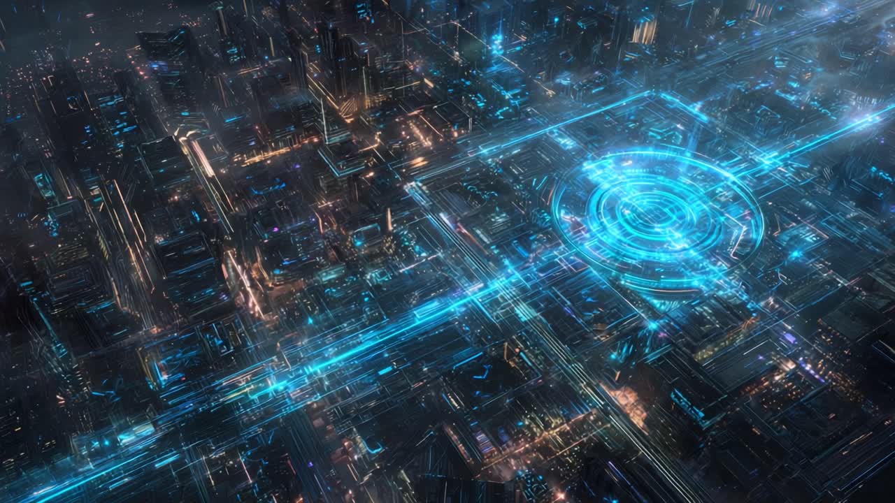A captivating aerial view of a futuristic cityscape illuminated by shimmering neon blue lines, highlighting the advanced technology and intricate design of its architecture and layout
