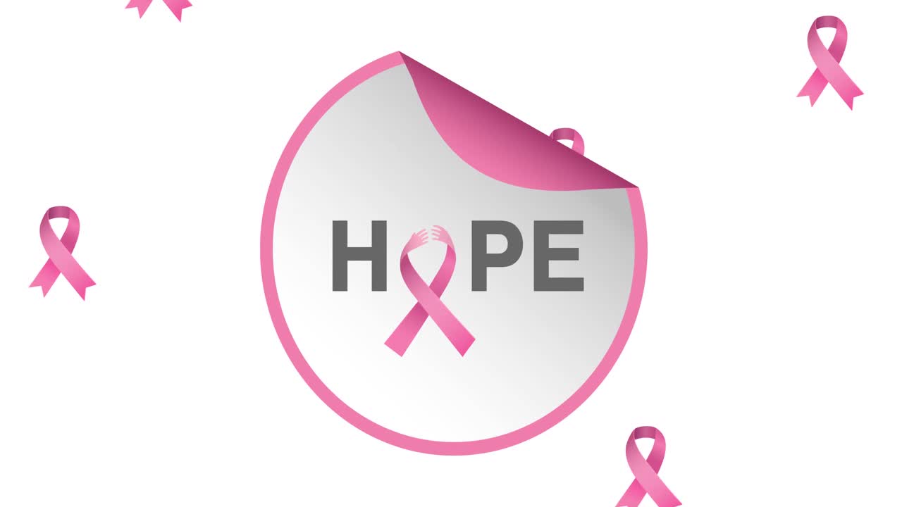 ⁇ 색 배경에 나타나는 희망 텍스트 위에 떨어지는 여러 개의 분홍색 리본 로고의 애니메이션