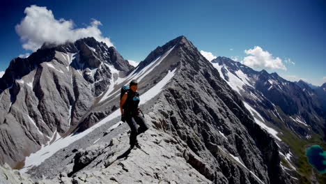 woman hiking a high mountain ridge
